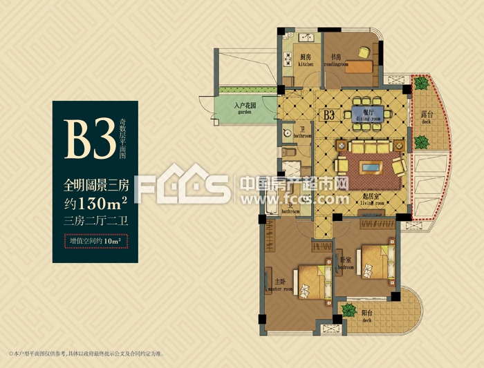 昆仑龙山公馆b3户型130平米3室2厅2卫户型图,户型设计图大全,户型点评