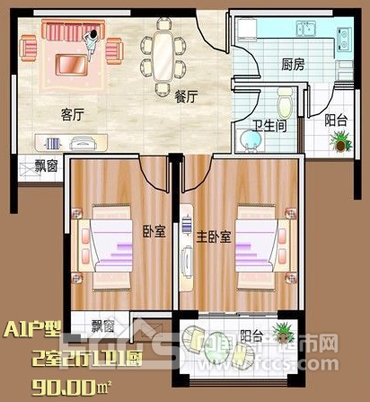 香城尚都a1户型-2室2厅1卫,建筑面积约90.0㎡