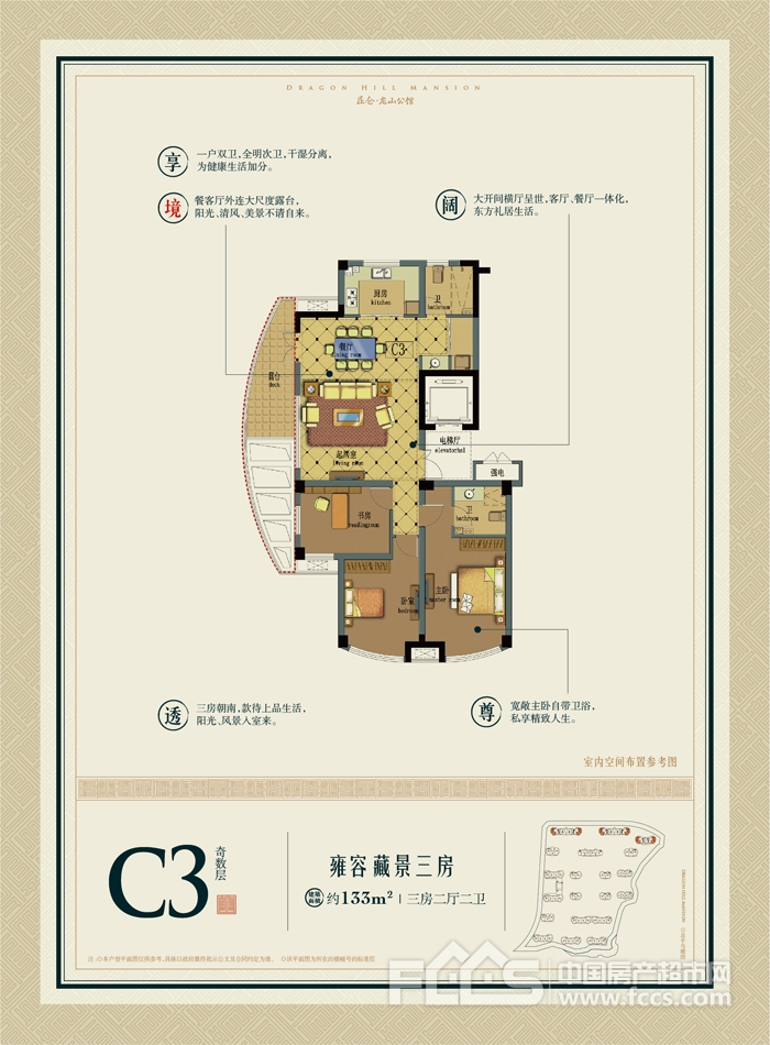 昆仑龙山公馆2-05户型133平米3室2厅2卫1阳台户型图,户型设计图大全